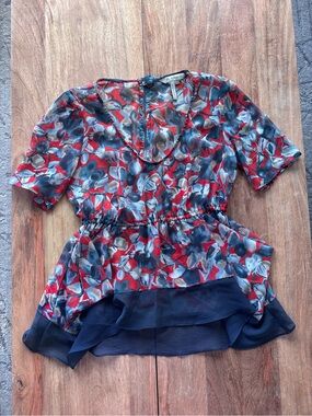 Floral Red & Navy Peplum Blouse